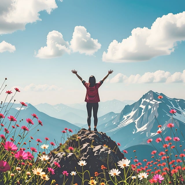 image of a woman standing on a mountain with her arms upraised in victory