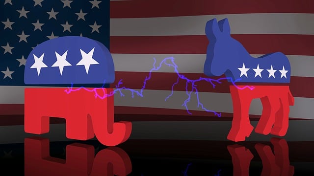 image of an elephant and donkey, in red and blue, with the American flag in the background